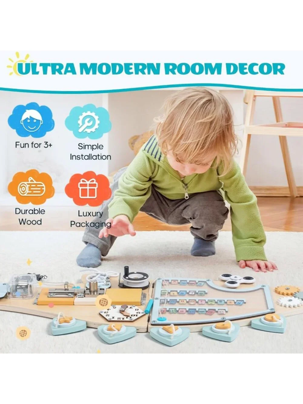 Wooden Dinosaur Busy Board - Wall Mounted Montessori Sensory Activity Panel